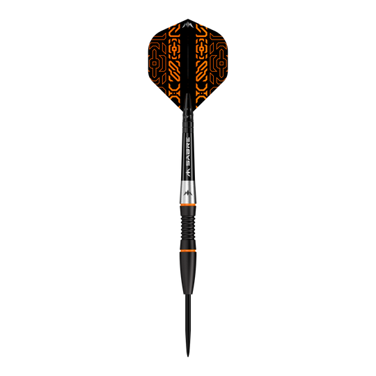 Abgebildet ist Mission Horizon Black PVD Orange Steeldarts. Die Darts haben eine schwarze und orange Optik.