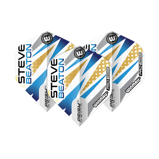 Das Bild zeigt drei Dart-Flights mit dem Design „Winmau Prism Delta Steve Beaton No2 Standard“. Die Flights sind in Weiß, Blau, Gold und Grau gehalten und tragen den Namen „Steve Beaton“.