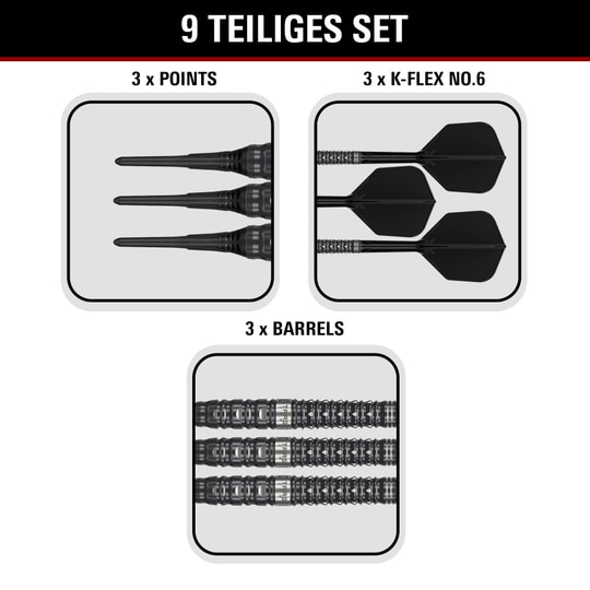 Měkké šipky Target Black Marque Eclipse - 21g Target Black Marque Eclipse Softdarts mit 21g-Gewicht werden dargestellt. Das Produkt zeichnet sich durch ein elegantes schwarzes Design aus.