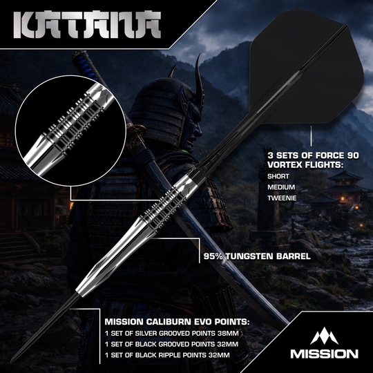 Šipky Mission Katana Steel Mission Katana Steeldarts werden präsentiert. Das Foto zeigt das Produkt detailliert für eine bessere Ansicht.