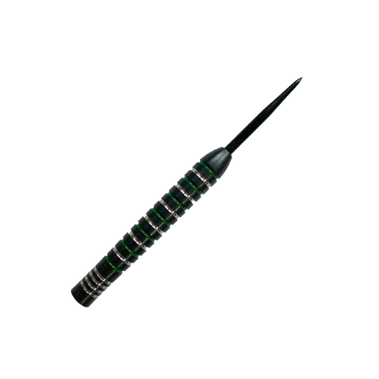 McDart stříbrnozelené ocelové sudy Das Bild zeigt einen McDart Silver Green Steeldart Barrel. Der Dart hat silberne und grüne Rillen und eine schwarze Spitze.
