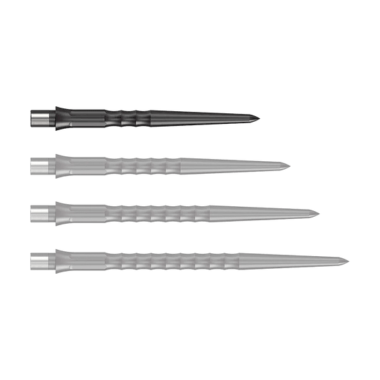 Caliburn System Steeldart Tips - Ripple - NoLip - Black Abgebildet ist eine schwarze Steeldartspitze mit Ripple NoLip Design, 28 mm lang. Das Produkt gehört zum Caliburn Evo System.