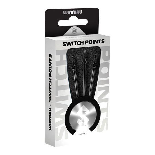 Špičky na šipky Winmau Switch Point Smooth Steel - černé Hier sieht man die Winmau Switch Point Smooth Steeldartspitzen in Schwarz. Die Dartspitzen haben ein glattes Design und sind schwarz gefärbt.