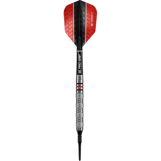 Der Target Vapor8 01 Softdart wiegt 18 Gramm und hat ein auffälliges Design mit roten Flights. Der Griffbereich ist strukturiert und der Schaft trägt die Aufschrift "PRO GRIP".