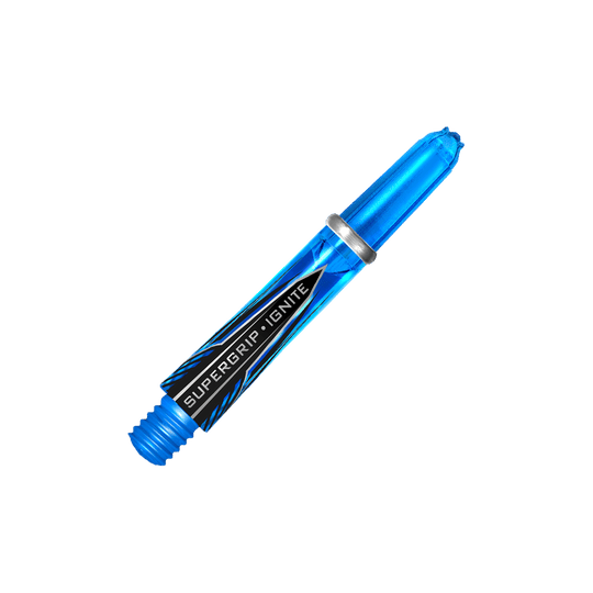 Das Bild zeigt das Produkt "Harrows Supergrip Ignite Shafts - Aqua". Es ist ein blauer, transparenter Dartshaft mit schwarzem Schriftzug und silbernem Ring.