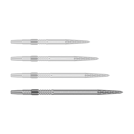 Šipkové hroty Target Swiss Point DX - Stříbrné Auf dem Bild sind vier silberne Dartspitzen in einer Reihe zu sehen. Die Spitzen haben ein geriffeltes Muster und eine spitz zulaufende Form.