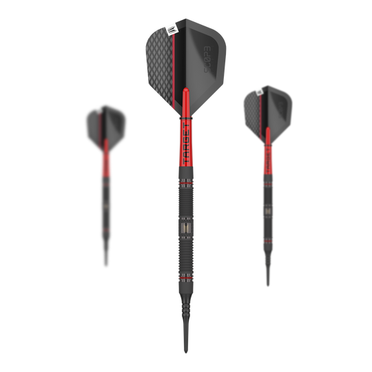 Target Scope 10 měkkých šipek Das Bild zeigt drei Softdarts des Produkts „Target Scope 10“. Die Darts sind überwiegend schwarz mit roten Akzenten und haben ein modernes Design.