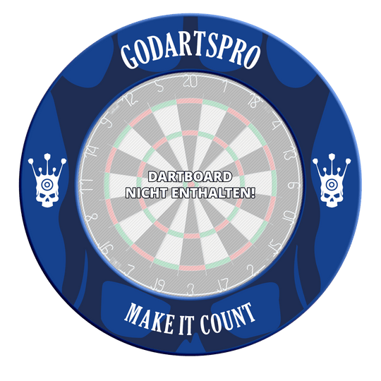 Abgebildet ist erneut ein Dartboard-Surround in Blau von GoDartsPro. Es wurde zur Sicherheit und Optik beim Dartspielen entwickelt.