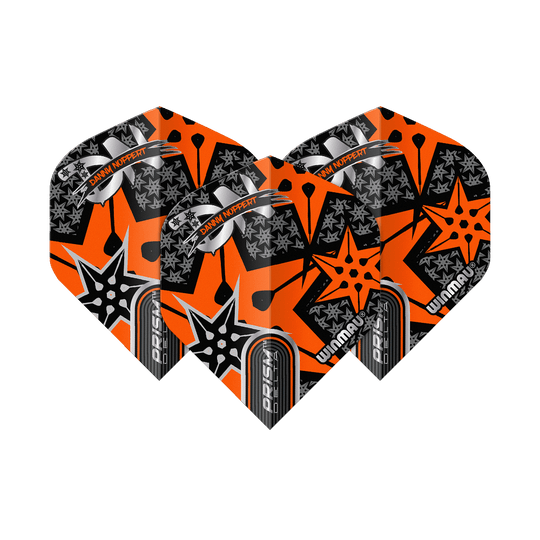 Letky Winmau Prism Delta Danny Noppert Orange Signature No2 Standard Das Bild zeigt drei Dart-Flights mit auffälligem orange-schwarzem Design. Auf den Flights steht "Danny Noppert" und "Winmau Prism Delta".