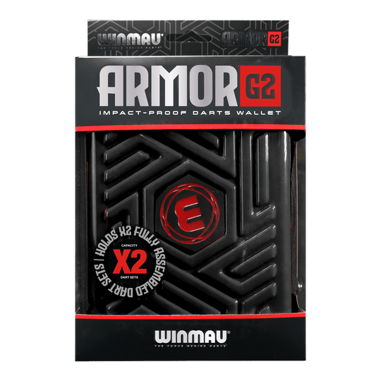 Peněženka Winmau Armor G2 Dart Dies ist eine schwarze, stoßfeste Darttasche der Marke Winmau namens "Armor G2". Sie bietet Platz für zwei komplett montierte Dart-Sets.