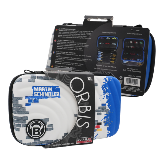 Pouzdro na šipky Bulls Orbis XL Martin Schindler Das Bild zeigt das Produkt "Bulls Orbis XL Martin Schindler Dartcase". Das Dartcase ist weiß mit blauen und grauen Designelementen und bietet Platz für zwei Dart-Sets.