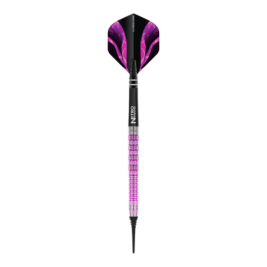 Auf dem Bild ist der Red Dragon Tyrian Softdart mit einem Gewicht von 22g zu sehen. Der Dart hat ein auffälliges Design mit lila und pinken Akzenten.