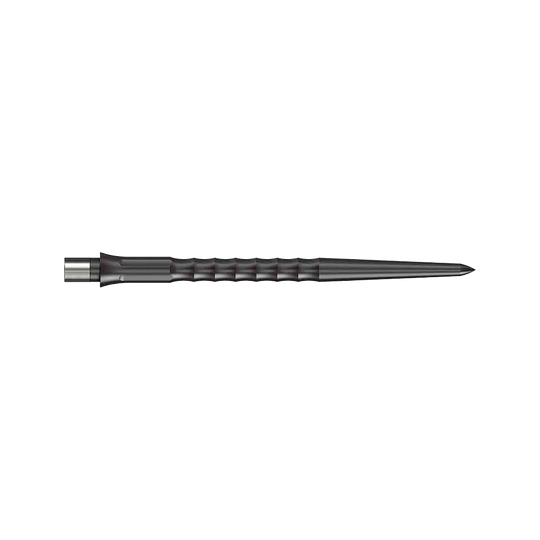Das Bild zeigt eine schwarze Steeldartspitze mit Ripple NoLip Design, 36 mm lang. Die Spitze gehört zum Caliburn Evo System.