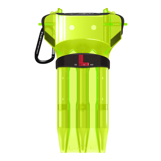 Das Bild zeigt ein neon-gelbes Dartcase von L-Style. Das Case hat einen schwarzen Verschluss und ist durchsichtig gestaltet.