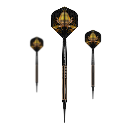 Měkké šipky Mission Scorpion - 19g Das Bild zeigt drei Softdarts des Produkts "Mission Scorpion Softdarts - 19g". Die Flights der Darts sind schwarz mit einem auffälligen gelben Skorpion-Motiv gestaltet.