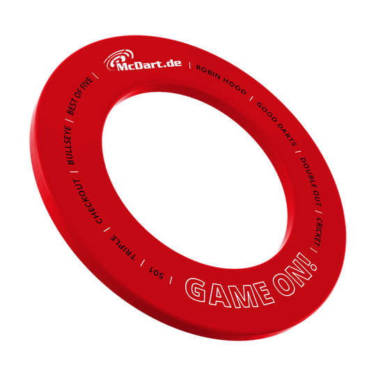 Das Bild zeigt eine rote Dartboard-Umrandung. Es handelt sich um die McDart Game On Dartboard Surround 2025 in Rot.