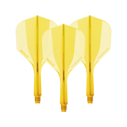 Systém letákové hřídele Harrows Solo No6 - žlutý Ein gelbes Harrows Solo No6 Flight Shaft System, 20mm lang. Das Bild zeigt ein Dart Shaft Set in leuchtendem Gelb.