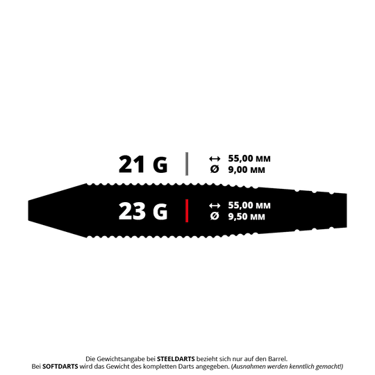 Das Bild zeigt zwei verschiedene Dartgewichte: 21 g und 23 g. Die Länge beträgt jeweils 55,00 mm, der Durchmesser ist 9,00 mm bzw. 9,50 mm.