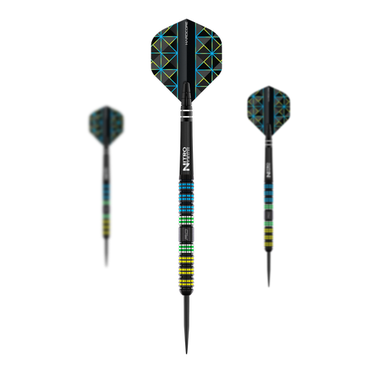 Das Bild zeigt drei Black Parallel Steeldarts des Modells "Red Dragon Dragonfly 95". Die Darts haben bunte Ringe am Griff und schwarze Flights mit einem geometrischen Muster.