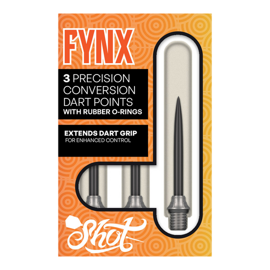 Das Foto zeigt die Shot Fynx Conversion Points, 32 mm lang. Diese Dartspitzen ermöglichen ein einfaches Umwechseln der Pointen.