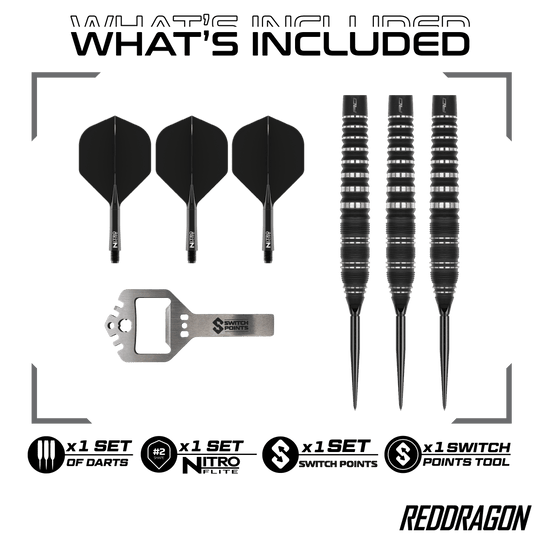 Hier sind Red Dragon Sable Torpedo Switch Point Steeldarts zu sehen. Diese Darts zeichnen sich durch ihre Torpedo-Form aus.