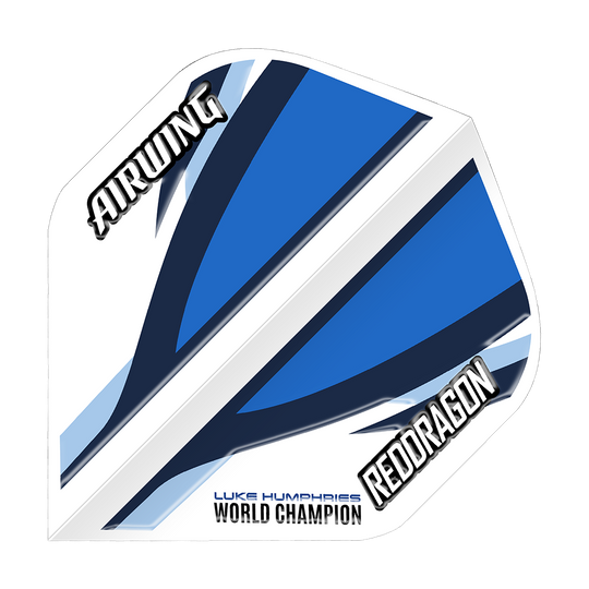 Das Bild zeigt einen weißen und blauen Dartflight mit dynamischem Design und der Aufschrift "AIRWING" und "REDDRAGON". Unten steht "LUKE HUMPHRIES WORLD CHAMPION".