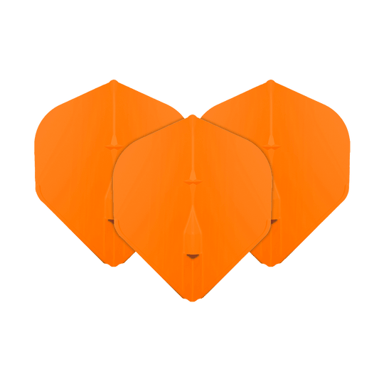 Standardní lety L-Style Champagne L1EZ Das Bild zeigt drei orangefarbene L-Style Champagne L1EZ Standard Flights. Sie sind für den Gebrauch bei Darts gedacht und haben eine klassische Standardform.