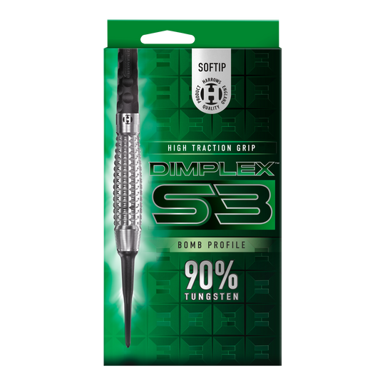 Měkké šipky Harrows Dimplex S3 Bomb Das Bild zeigt eine Verpackung der "Harrows Dimplex S3 Bomb Softdarts". Auf der Verpackung steht, dass die Darts eine hohe Grifftraktion haben und aus 90% Wolfram bestehen.