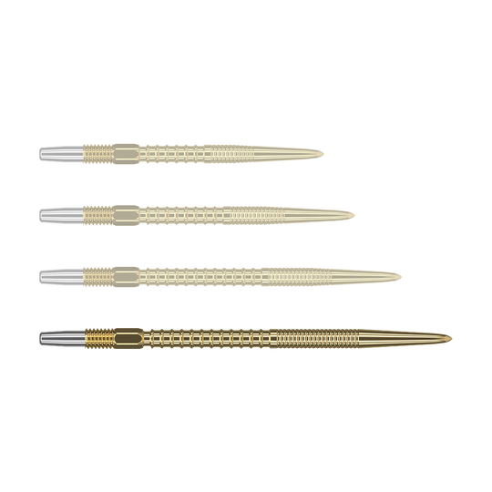 Das Bild zeigt vier goldene Dartspitzen, die nebeneinander liegen. Die Spitzen haben ein silbernes Gewinde an einem Ende und sind fein geriffelt.