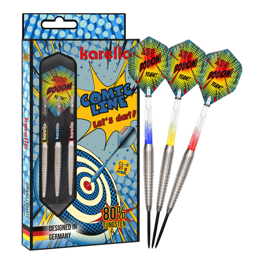 Ocelové šipky Karella Comic Line CL-5 - 21g Das Bild zeigt die Karella Comic Line CL-5 Steeldarts - 21g. Es handelt sich um ein Set moderner Steeldarts mit auffälligem Design.