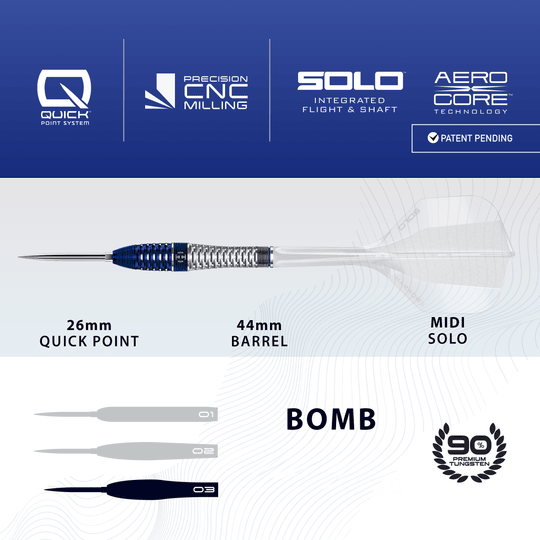 Ocelové šipky Harrows GEO Bomb Quick Point Harrows GEO Bomb Quick Point Steeldarts werden dargestellt. Das Bild zeigt Design und Details dieses Dartprodukts.
