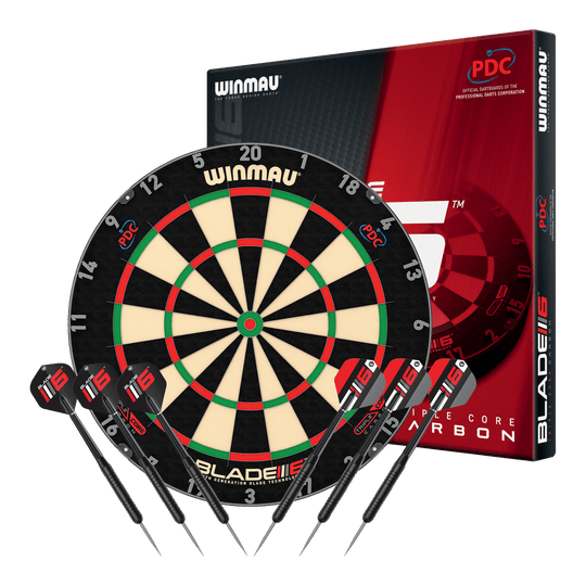 Das Bild zeigt das Produkt "810008_Winmau_Blade6_TripleCore_Starter_Bundle_1". Es ist ein Starter-Set für Dartspieler.