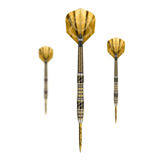 Auf dem Bild sind die Shot Alchemy Auro Steeldarts als komplettes Set abgebildet. Das Set unterstreicht die besondere Gestaltung der Steeldarts.