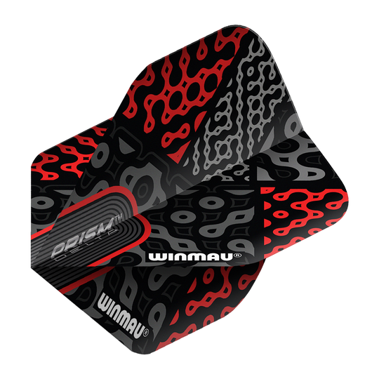 Das Bild zeigt die Winmau Prism Delta Cypher No2 Standard Flights für Darts. Die Flights haben ein auffälliges Muster in Schwarz, Rot und Grau mit dem Winmau-Logo.