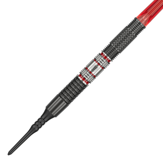 Měkké šipky Target Gabriel Clemens 95K - 19g Das Bild zeigt einen Target Gabriel Clemens 95K Softdart mit einem Gewicht von 19 Gramm. Der Dart hat ein auffälliges Design mit silbernen, schwarzen und roten Elementen.