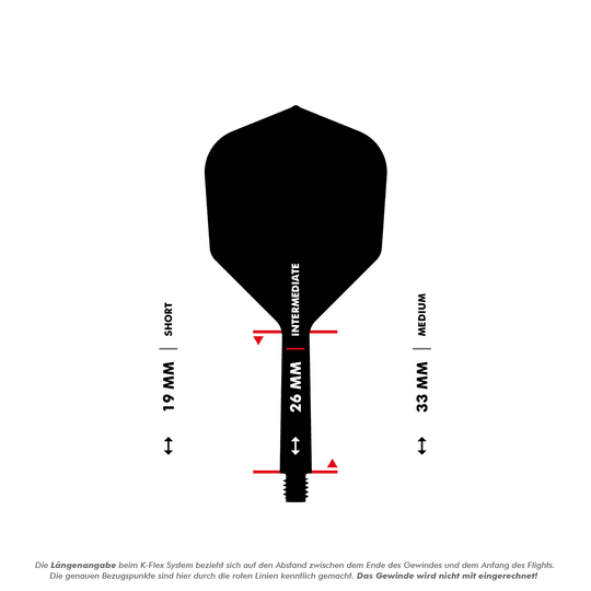 Letový systém Target K-Flex No6 - bílý Das Bild zeigt eine Dart-Flightschafte mit Längenangaben in Millimetern. Es werden die drei Längen "Short" (19 mm), "Intermediate" (26 mm) und "Medium" (33 mm) dargestellt.
