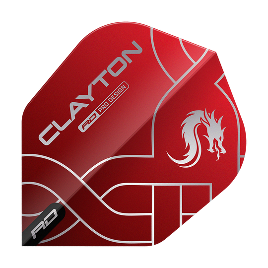 Das Bild zeigt ein rotes Dartflight mit silbernem Drachenmotiv und der Aufschrift "CLAYTON". Das Design ist modern und auffällig gestaltet.