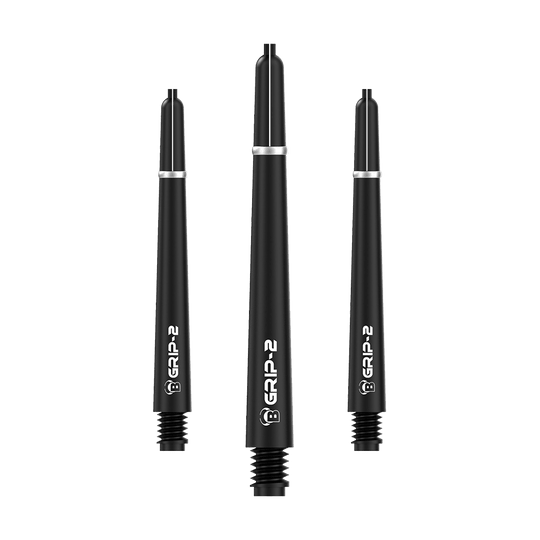 BS55051_Bulls_B-Grip-2_SL_Shafts_Schwarz_48mm_1 Auf dem Bild sind drei schwarze Bulls B-Grip-2 SL Shafts zu sehen. Die Dart-Schäfte haben ein schlichtes, modernes Design mit weißem Schriftzug.