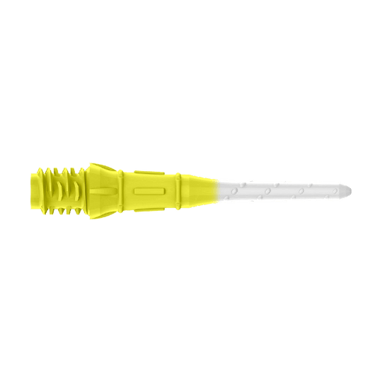 Dvoubarevné rtěnky L-Style Premium (balení 30 kusů) Das Bild zeigt eine zweifarbige Dartspitze mit gelbem und weißem Bereich. Der hintere Teil ist gelb, während die Spitze weiß ist.
