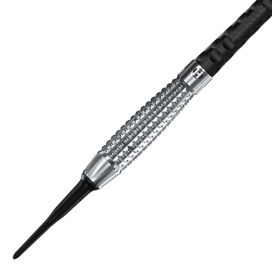 Měkké šipky Harrows Dimplex S3 Bomb Das Bild zeigt einen Harrows Dimplex S3 Bomb Softdart. Der Dartpfeil hat eine silberne, strukturierte Griffzone und eine schwarze Kunststoffspitze.