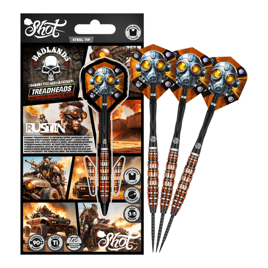 Šipky Shot Badlands Rustin Steel - 23g Das Bild präsentiert den Shot Badlands Rustin Steeldarts - 23g. Der komplette Dartpfeil ist abgebildet.