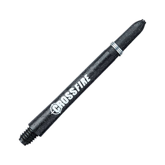 Das Bild zeigt einen schwarzen Dart-Schaft mit der Aufschrift "Crossfire". Es handelt sich um das Produkt "RedDragon Crossfire Carbon Fibre Shafts".