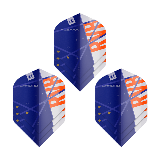 Target Pro Ultra Raymond Van Barneveld Chrono No2 Standard Flights - 3 Sets Das Bild zeigt drei Sets von Target Pro Ultra Raymond Van Barneveld Chrono No2 Standard Flights. Die Flights sind überwiegend blau mit orangenen und weißen Akzenten gestaltet.