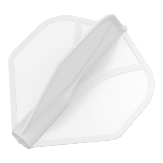 Standardní letky Shot Airfoil Molded No2 Das Bild zeigt eine transparente Dart-Flügel. Er hat eine aerodynamische Form und ist hauptsächlich weiß.