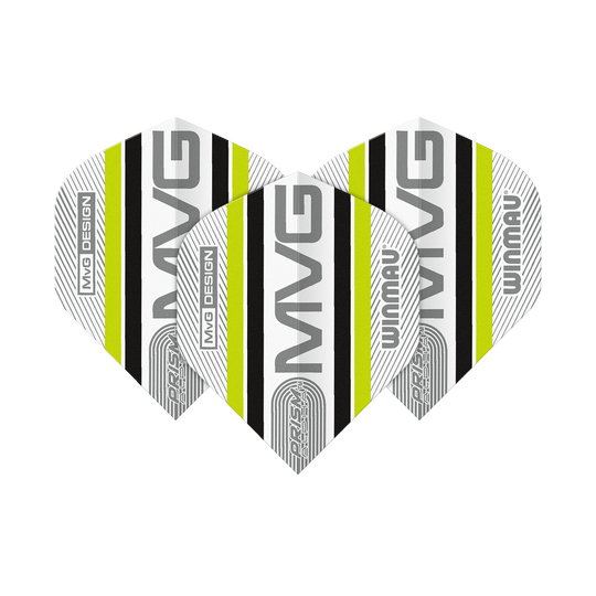 Das Bild zeigt drei Dart-Flights des Modells "Winmau Alpha Michael Van Gerwen MvG 85 Standard Flights". Die Flights sind weiß mit schwarzen und gelben Streifen sowie der Aufschrift "MVG" und "Winmau".