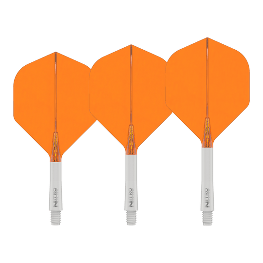 Das Bild zeigt das Produkt Red Dragon Nitroflite White Shaft Orange Flights No2. Es handelt sich um einen weißen Dart-Schaft mit orangefarbenen Flights.