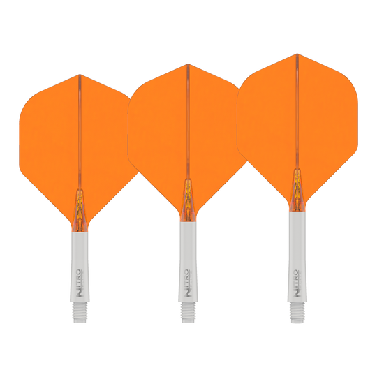 Letky Red Dragon Nitroflite White Shaft Orange No2 Das Bild zeigt das Produkt Red Dragon Nitroflite White Shaft Orange Flights No2. Es handelt sich um einen weißen Dart-Schaft mit orangefarbenen Flights.