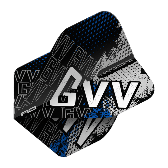 Das Bild zeigt ein Dart-Flight mit dem Aufdruck "GVV" in einem modernen, blauen und schwarzen Design. Es handelt sich um das Produkt "Red Dragon Hardcore Gian Van Veen Blue Premium No2 Standard Flights".