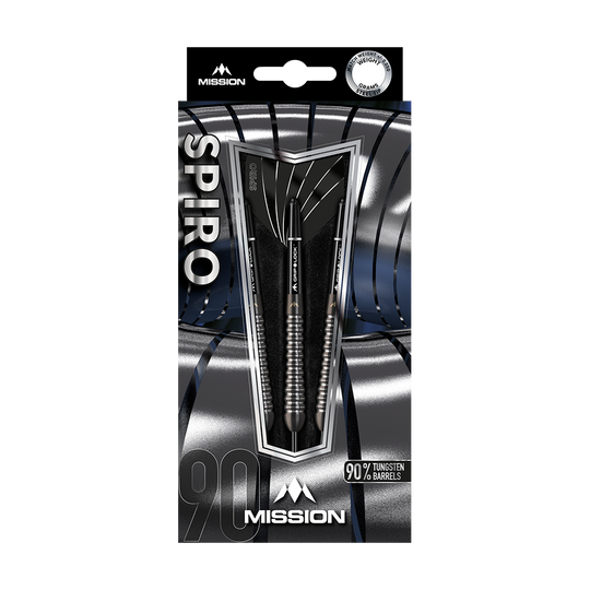 Ocelové šipky Mission Spiro Model 2 - 22g Das Bild zeigt eine Verpackung der Mission Spiro Model 2 Steeldarts mit einem Gewicht von 22 Gramm. Die Pfeile bestehen zu 90 % aus Tungsten und sind elegant in einer silber-schwarzen Box präsentiert.
