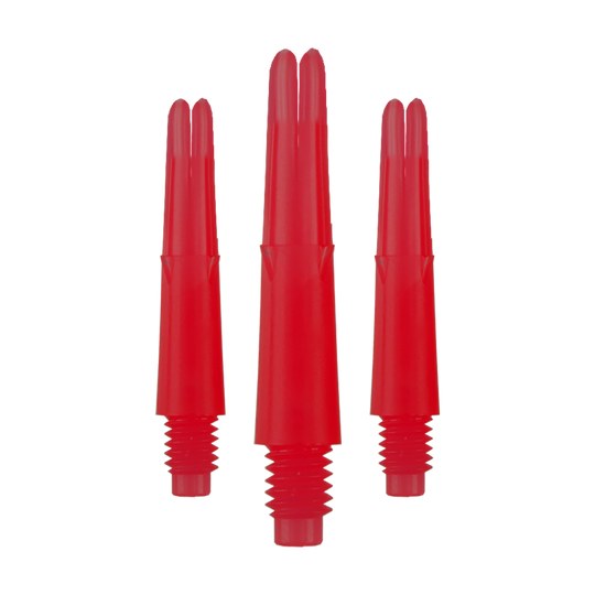 L-tvarované L-hřídele, zajištěné rovné - červené Das Bild zeigt drei rote, gerade Dartschäfte mit Gewinde unten. Sie sind ohne Kappen und haben eine Länge von 26 mm.
